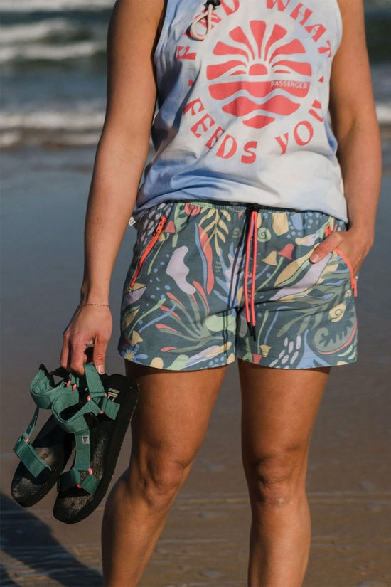 Passenger Womens Way Out Shorts Abstract Seaweed Tidal Blue