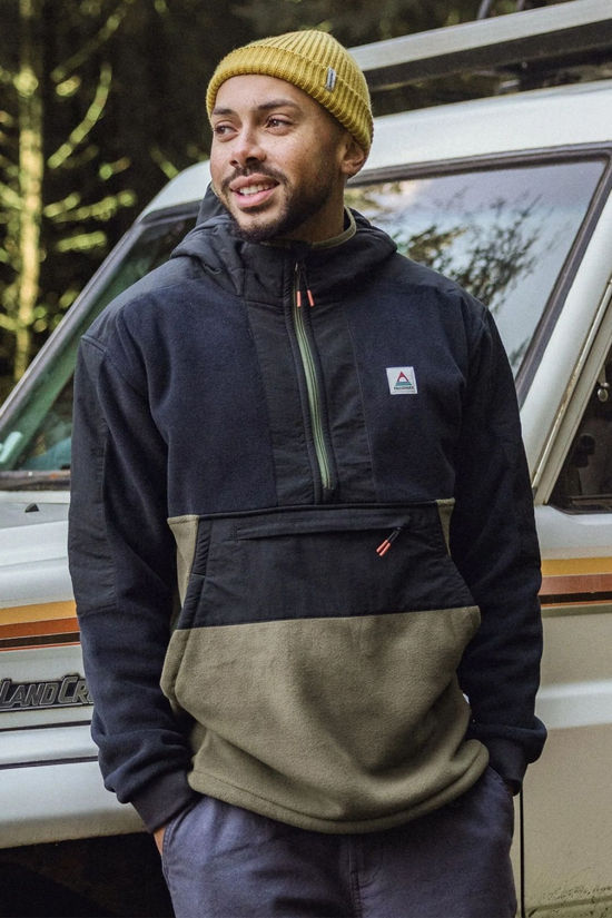 Passenger Mens Woodland Hooded Half Zip Polar Fleece Black/Khaki