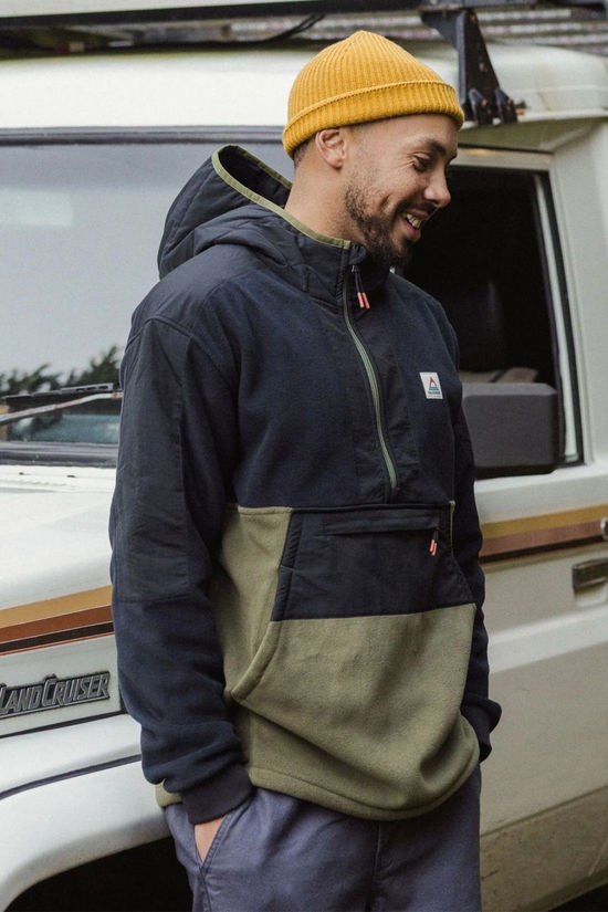 Passenger Mens Woodland Hooded Half Zip Polar Fleece Black/Khaki