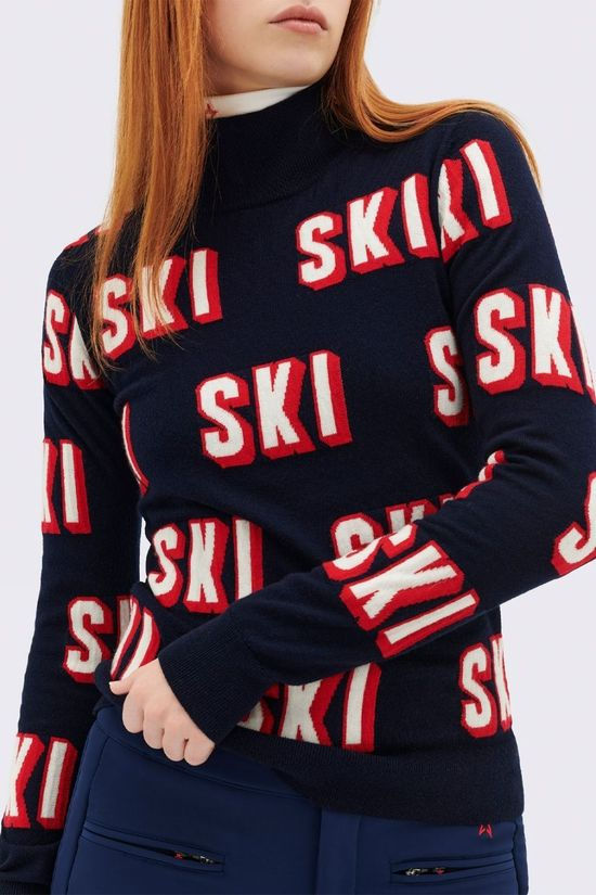 Perfect Moment Womens 3D Wool Sweater Ski Logo Print Navy