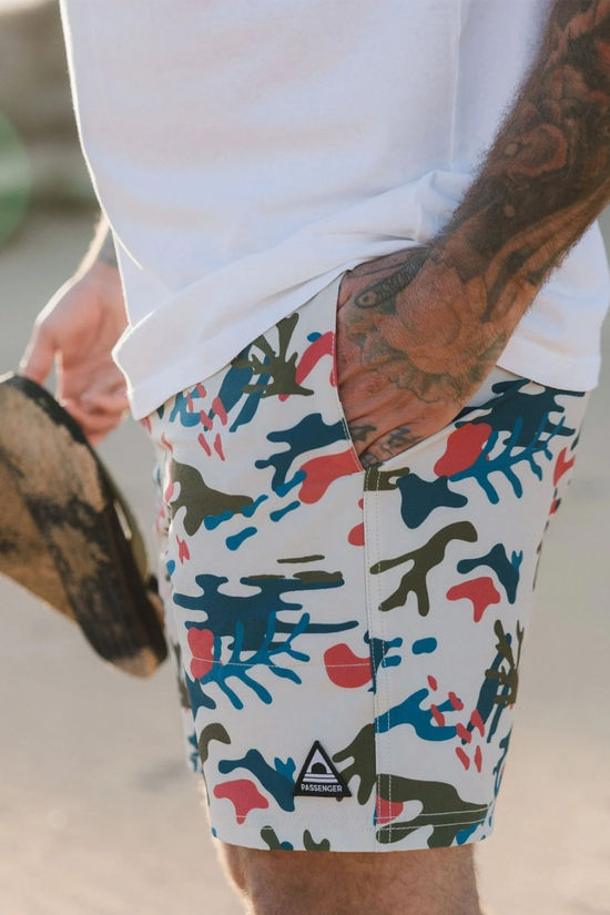 Passenger Mens Porto Recycled All Purpose Swim Short Seaweed Camo Pebble Grey